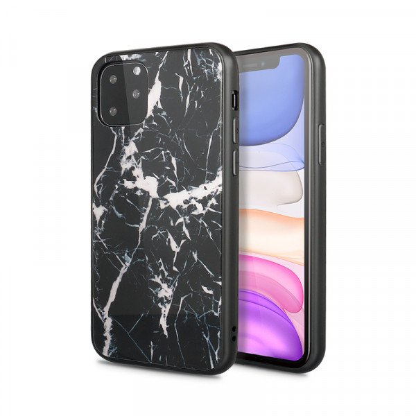 Wholesale iPhone 11 (6.1in) Design Tempered Glass Hybrid Case (Black Marble)
